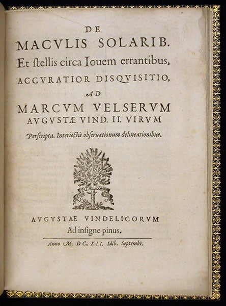 Title page, De maculis solarib. ... accuratior disquisitio, by [Christoph Scheiner], 1612 (Linda Hall Library)