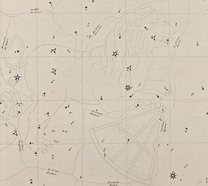 The northern constellations Leo and Sextans, Atlas des gestirnten Himmels, by Joseph Johann Littrow, detail of plate XVI, 1839 (Linda Hall Library)