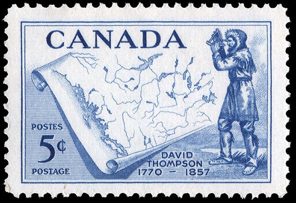 Canadian 5¢ postage stamp honoring David Thompson, 1957 (linns.com)