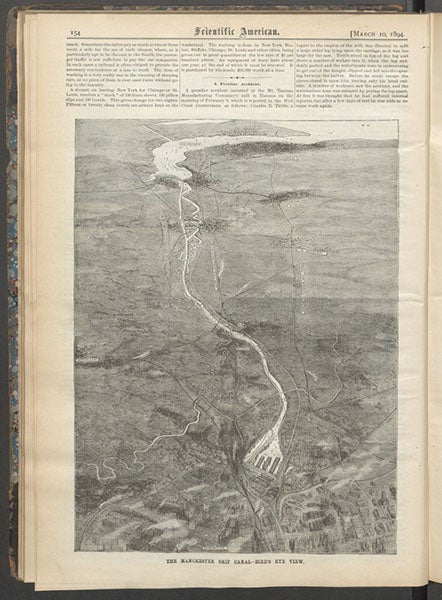 Bird’s-eye view of the Manchester Ship Canal, with the Mersey Estuary and Liverpool at the top, and Manchester Docks at the bottom; photoengraving, Scientific American, vol. 70, Mar. 10, 1894 (Linda Hall Library)
