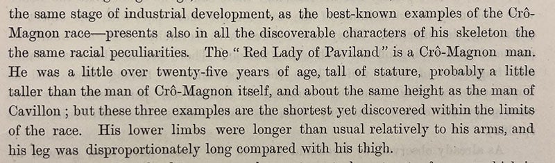 Paragraph where William J. Sollas concludes that the Red Lady of Paviland was a Co-Magnon man, in his “Paviland Cave: An Aurignacian station in Wales,” by Journal of the Royal Anthropological Institute, vol. 43, p. 371, 1913 (Linda Hall Library)