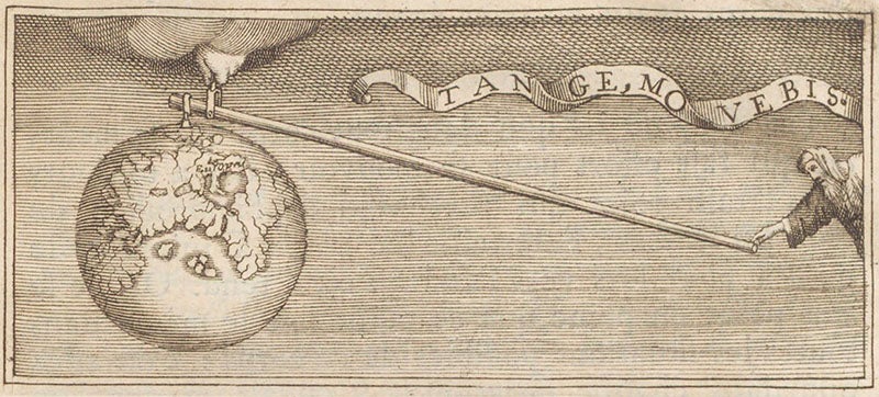 Scene depicting Archimedes moving the earth with a lever; the motto, <i>Tange movebit</i> (“touch and it will be moved”), engraved headpiece, Pierre Varignon, <i>Projet d’une nouvelle mechanique</i>, 1687 (Linda Hall Library)