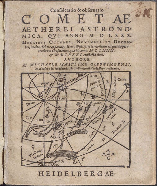 Title page with woodcut comet map, Consideratio & obseruatio cometae aetherei astronomica, qvui anno M D LXXX … in alto Aethere apparuit, by Michael Maestlin, 1581 (The Linda Hall)