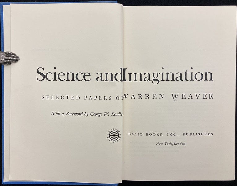 Title page, Science and Imagination: Selected Papers of Warren Weaver, 1967 (Linda Hall Library)