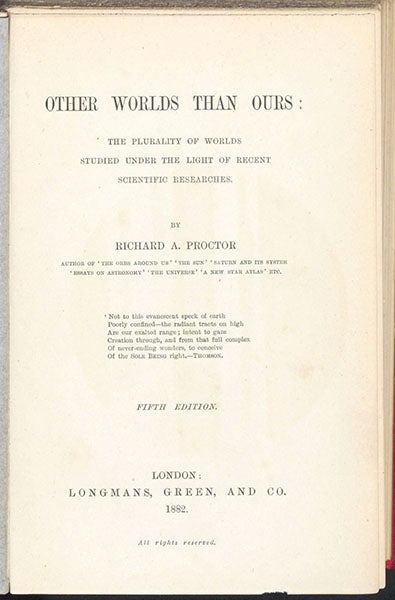 Title page, Other Worlds than Ours, by Richard A. Proctor, fifth London ed., 1882 (Linda Hall Library)
