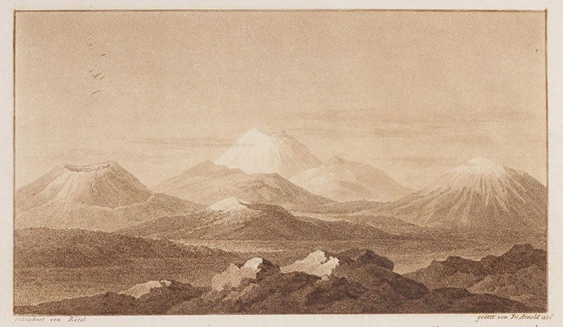 The extinct volcanoes of Auvergne and the Puy de Dôme, aquatint, Leopold von Buch, Geognostische Beobachtungen auf Reisen durch Deutschland und Italien, vol. 2, 1802-09 (Linda Hall Library)