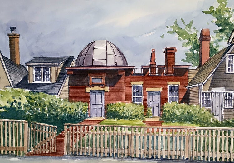 The Margaret Mitchell Observatory, Nantucket, contemporary watercolor by Robert Miklos, 2018 (rjmiklos.com)