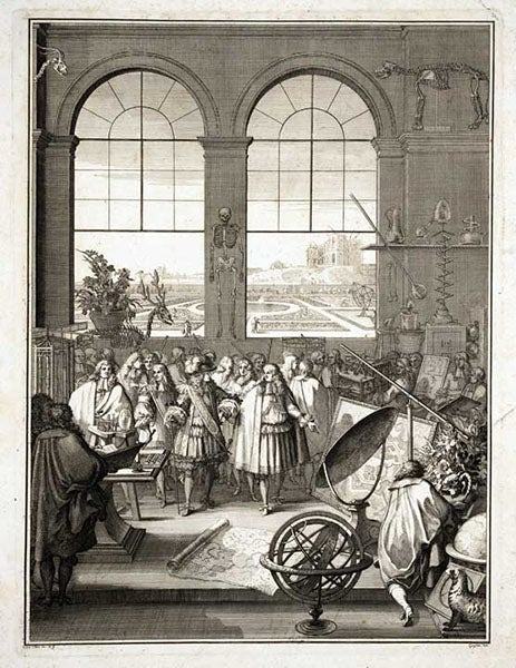 Louis XIV and Jean- Baptiste Colbert (front right) visiting the Royal Academy of Sciences, an imagined meeting of 1671, engraved frontispiece by Sebastien Le Clerc, Mémoires pour servir à l'histoire naturelle des animaux, by Claude Perrault, 1676 (Linda Hall Library)