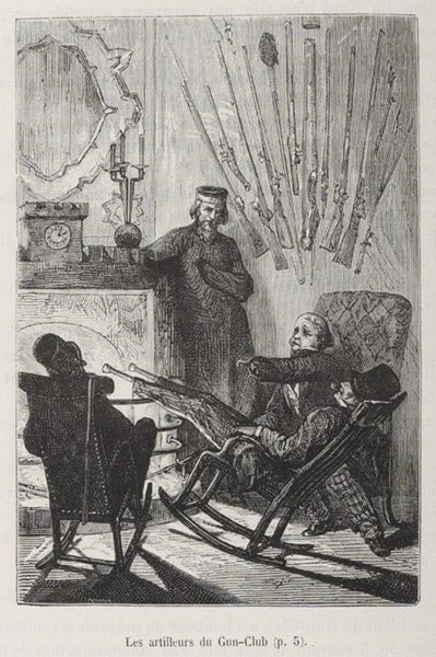 Artillerymen of the Baltimore Gun Club, victims of their profession, wood engraving after a design by Henri de Montaut, in De la terre à la lune, by Jules Verne, 1865, here from the 1868 ed, Bibliothèque nationale de France (gallica.bnf.fr)