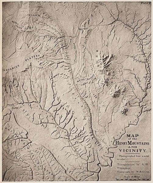 Large scale map of the area west of the Colorado River in Utah; Henry Mountains are at upper right; heliotype of a photograph of a model in relief, from G.K. Gilbert, Report, 1877 (Linda Hall Library)