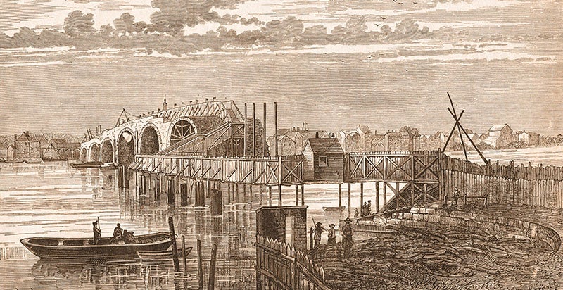 The old Blackfriars Bridge under construction, 1760s, engraving, with wooden walkways providing pedestrian access while construction was underway (thehistoryoflondon.co.uk)