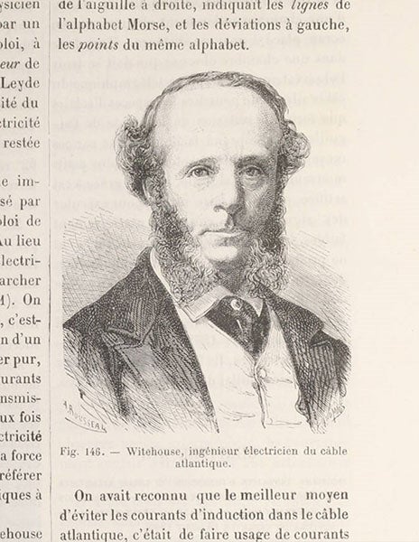 Portrait of E.O. Wildman Whitehouse, wood engraving in Les merveilles de la science, by Louis Figuier, vol. 2, p. 253 (Linda Hall Library)