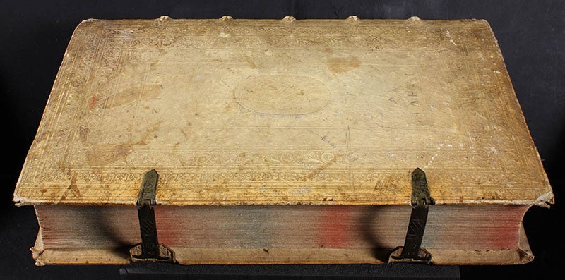 Stamped vellum binding, with intact brass clasps, of Andreas Libavius, Alchymia, 2nd ed., 1606 (Linda Hall Library)