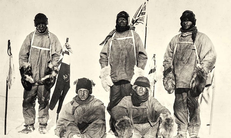 Lawrence Oates, Henry Bowers, Robert Scott, Edward Wilson and Edgar Evans (left to right) at the South Pole, Jan. 17, 1912, print auctioned by Sotheby’s in 2017 (theguardian.com)