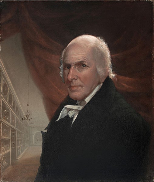 Charles Willson Peale, self-portrait, oil on canvas, posed in the Long Room of the Peale Museum, 1822, Philadelphia Museum of Art (philamuseum.org)