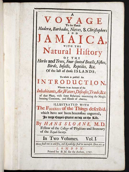 Title page, A Natural History of Jamaica, by Hans Sloane, vol. 1, 1707-25 (Linda Hall Library)