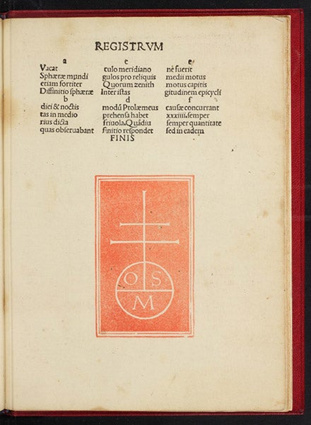 Last page of text, with the large publisher’s mark of O.S.M. (Octavius Scotus of Monza), Sphaera mundi, by Johannes de Sacrobosco, 1490 (Linda Hall Library)