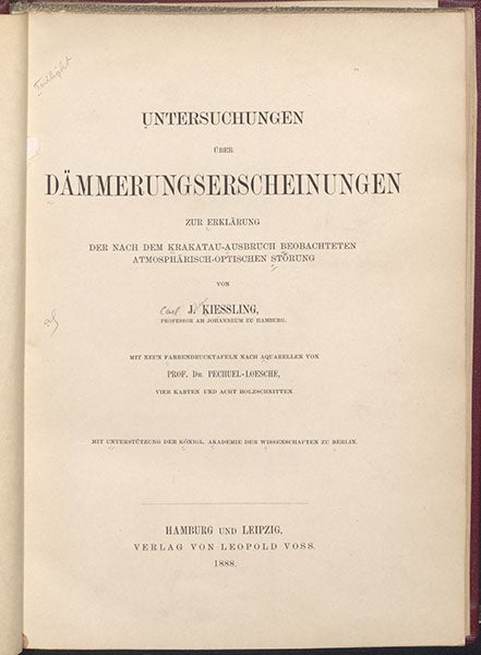 Title page, Untersuchungen über Dämmerungserscheinungen zur Erklärung der nach dem Krakatau, by Johann Kiessling, 1888 (Linda Hall Library).