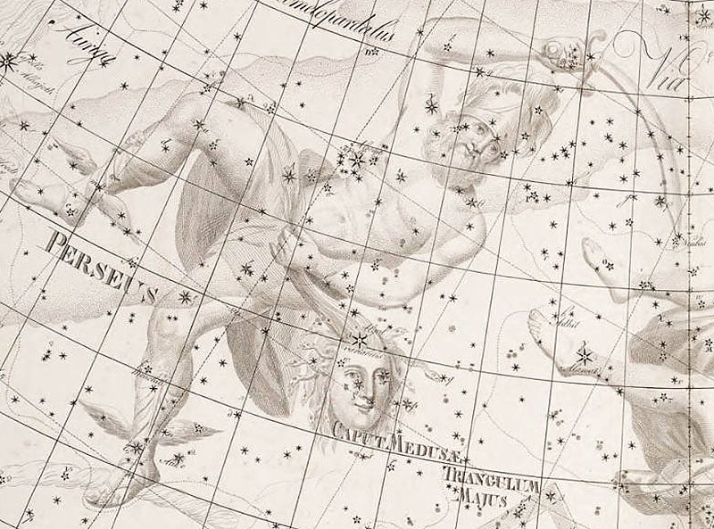 Perseus with head of Medusa and the star Algol, detail from a plate in Johann Bode, <i>Uranographia</i>, 1801 (Linda Hall Library).