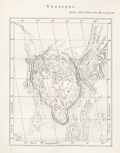 The crater Gassendi at a scale of 100” to the moon’s diameter, lithograph, in Edmund Neison, The Moon and the Condition and Configurations of its Surface, 1876 (Linda Hall Library)