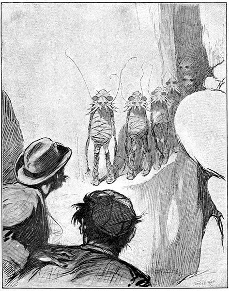 Bedford and Cavor encounter Selenites on the Moon, plate in The First Men in the Moon, by H.G. Wells, 1901 (Wikimedia commons)