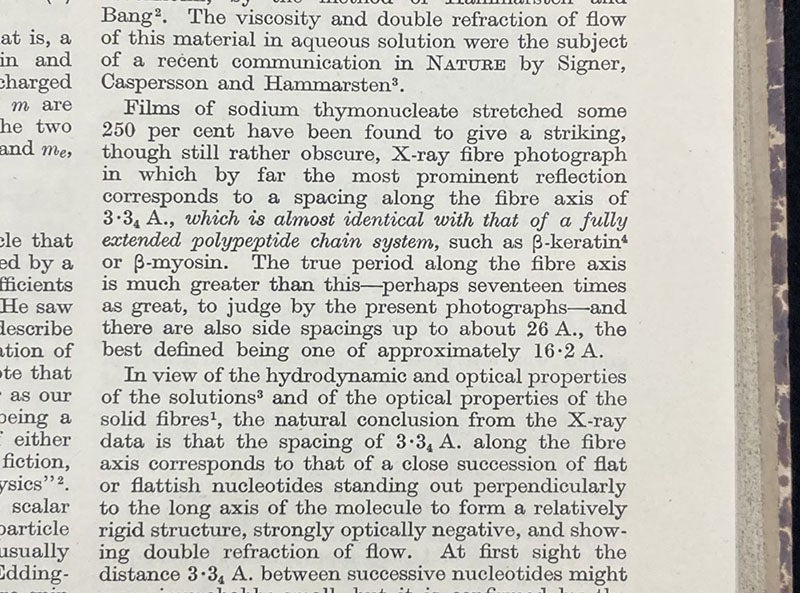 Paragraph of article, “X-ray study of thymonucleic acid,” by William T. Astbury and Florence O. Bell, Nature, vol. 141, p. 747, 1938 (Linda Hall Library)