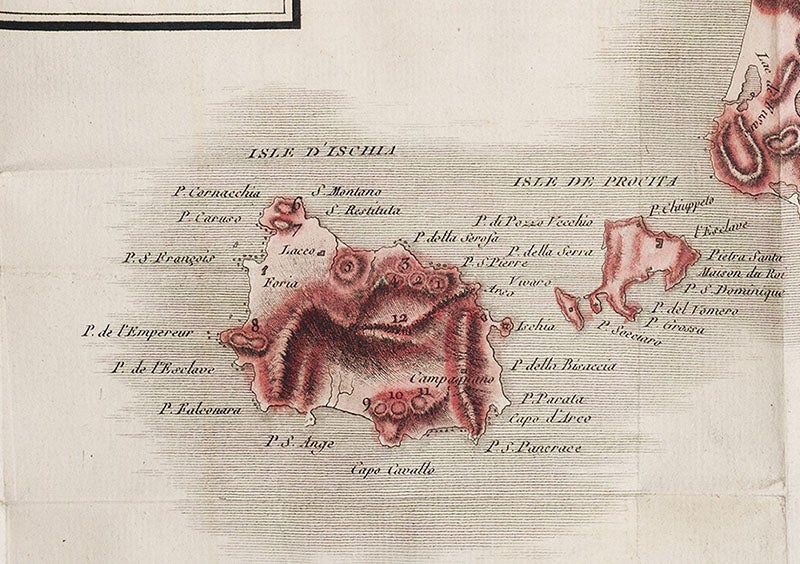 The volcanic isle of Ischia, detail of map of Campania, hand-colored engraving in Voyages physiques et lythologiques dans la Campanie : suivis d'un mémoire sur la constitution physique de Rome, by Scipione Beislak, vol 1, plate 1, p. 1, 1801 (The Linda Hall)