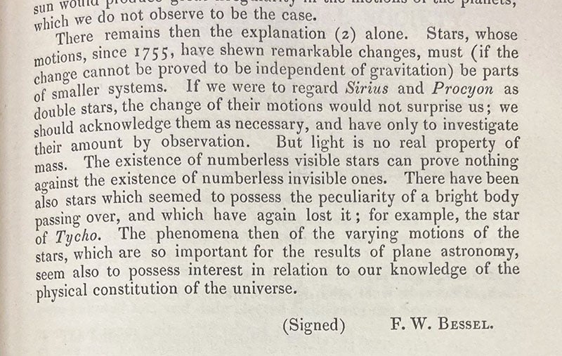 Concluding paragraph, “On the variation of the proper motion of Procyon and Sirius,” by Friedrich Wilhelm Bessel, Monthly Notices of the Royal Astronomical Society, vol. 6, p. 141, 1844 (Linda Hall Library)