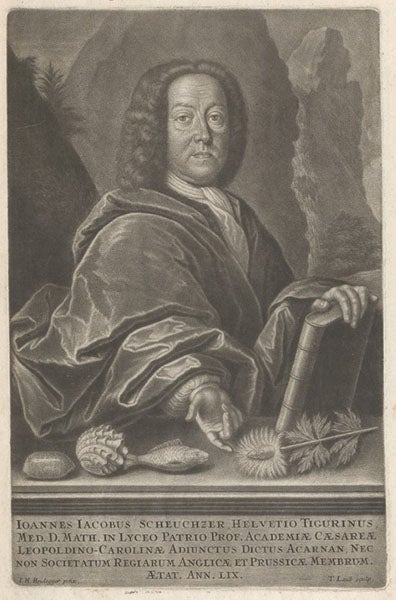 Portrait of Johann Jakob Scheuchzer, engraving, frontispiece to Scheuchzer’s <i>Physica sacra</i>, vol. 1, 1731 (Linda Hall Library)