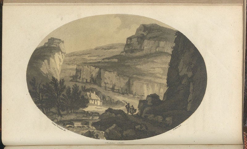 The Chedder Cliffs, aquatint by Samuel Alken after drawing by Thomas Rackett, in Observations Relative Chiefly to the Natural History, Picturesque Scenery, and Antiquities, of the Western Counties of England, by Willam George Maton, vol. 2, p. 84, 1797.
