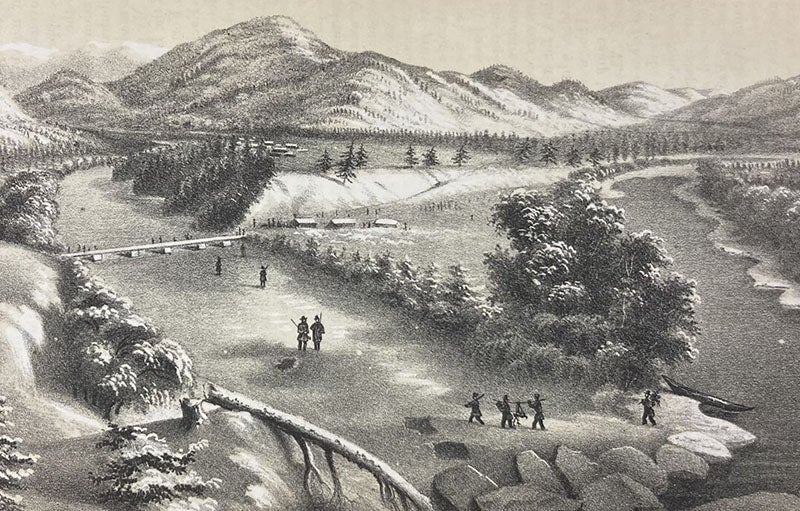 Winter quarters, 1861-62, detail of tinted lithograph by Gustav Sohon, Report on the Construction of a Military Road from Fort Walla-Walla to Fort Benton, by John Mullan, p. 32, 1863 (Linda Hall Library)