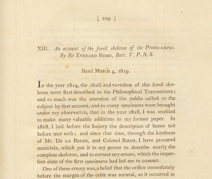 Detail of first page of paper by Everard Home, in which he proposes the name Proteosaurus for the Ichthyosaurus discovered by Mary Anning, Philosophical Transactions of the Royal Society of London, vol. 109, 1819 (Linda Hall Library)