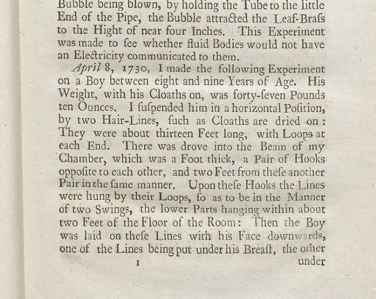 Detail of a page describing the suspension of a boy from silk cords for electrical experimentation, in a paper by Stephen Gray, Philosophical Transactions of the Royal Society of London, vol. 37, 1731-32 (Linda Hall Library)