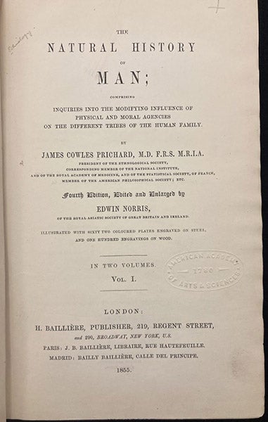 Title page, The Natural History of Man, by James Cowles Prichard, 4th ed., vol. 1, 1855 (Linda Hall Library)