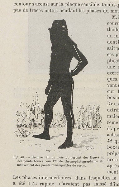 Man dressed in black with white lines, a subject for chronophotography, Étienne-Jules Marey, Le movement, 1894 (Linda Hall Library)