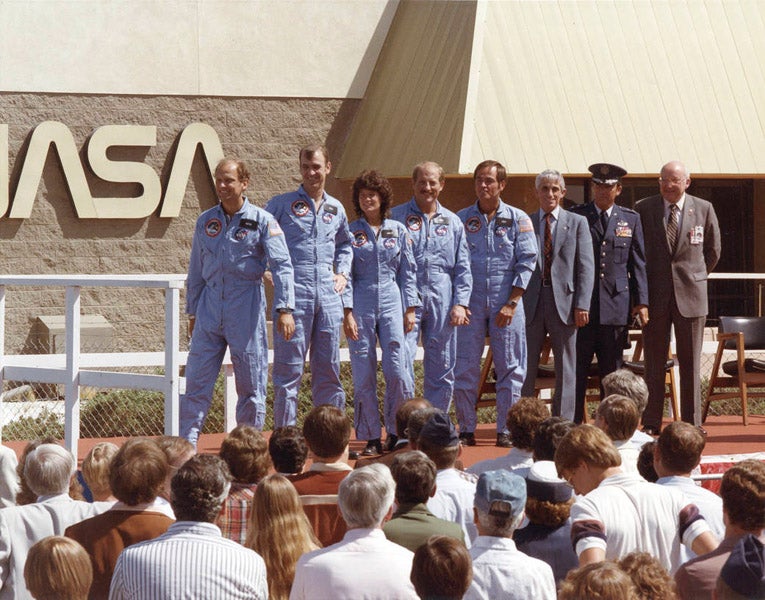 The crew of STS-7 Challenger, including Sally Ride, being welcomed at the Dryden Flight Research Center, 1983, now the Neil A. Armstrong Flight Research Center (nasa.gov)