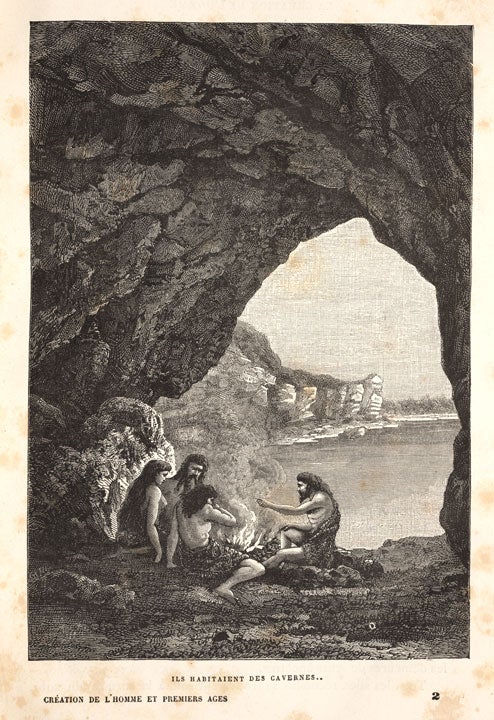 Early humans taking shelter. Image source: Du Cleuziou, Henri. La creation de l'homme et les premiers ages de humanite. Paris: Marpon and Flammarion, 1887, p. 9.

