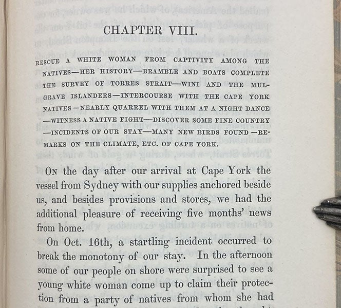 The beginning of chapter 8, where the story of the encounter with “the white woman” Barbara Crawford Thompson begins, Narrative of the Voyage of H.M.S. Rattlesnake, commanded by the late Captain Owen Stanley... during the years 1846-50, by John MacGillivray, vol. 1, p. 301, 1852 (Linda Hall Library)