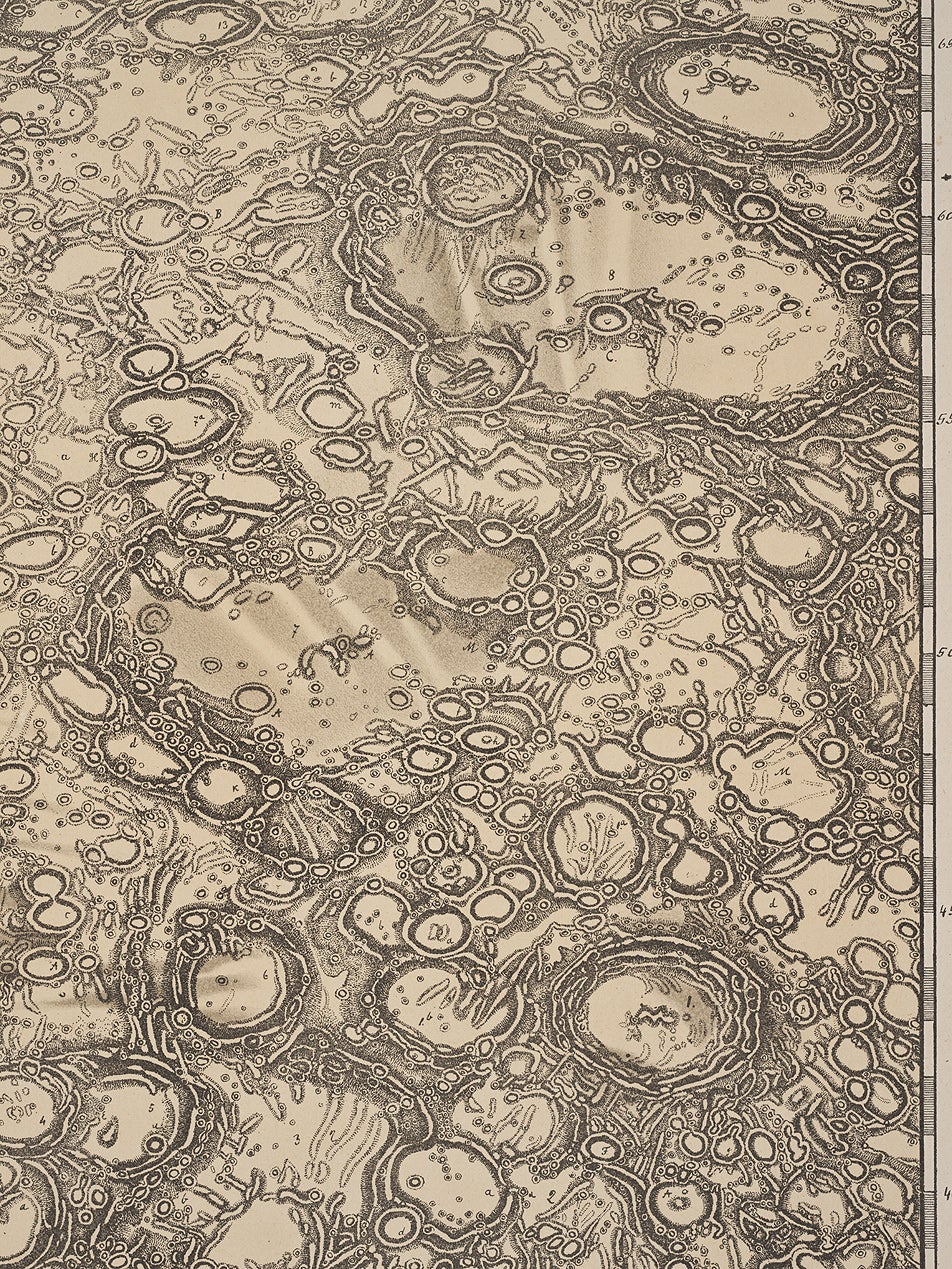 Section 23 of the map shows the southern lunar highlands, one of the most difficult areas of the moon to map in detail. The illustration represents a small fraction of this section, with the crater Clavius at top (identified by the number 8), Maginus at left center (7), and Tycho at bottom right (1). 