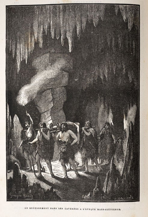 A burial in the caves, during the Magdalenian period. Image source: Du Cleuziou, Henri. La creation de l'homme et les premiers ages de humanite. Paris: Marpon and Flammarion, 1887, p. 280.
