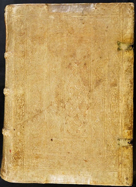 The front cover of our copy of Margarita philosophica cu[m] additionibus nouis, by Gregor Reisch, 1517, with a contemporary binding of roll-stamped vellum over wood (Linda Hall Library)