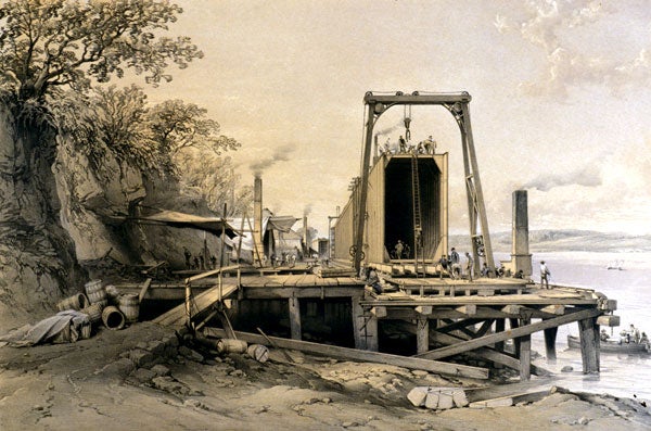 Detail of a tube under construction. Image source: Clark, Edwin, and Robert Stephenson. The Britannia and Conway Tubular Bridges. Atlas, London: Published for the Author, by Day and Son [etc.], 1850, pl. 3.