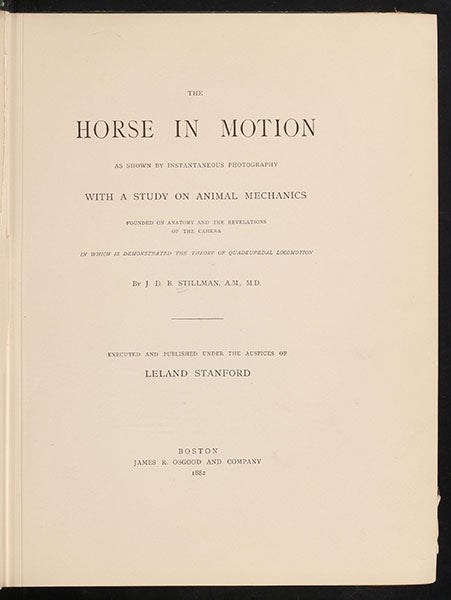 Title page of The Horse in Motion, by J.D.B. Stillman, describing and presenting the photographs of Eadweard Muybridge, 