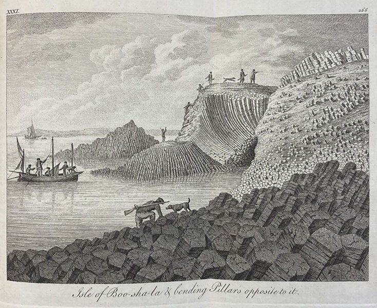 Basalt pillars on Bo-Sha-La, engraving after a drawing by James Miller, in A Tour in Scotland, and Voyage to the Hebrides; MDCCLXXII, by Thomas Pennant, vol. 1, pl. 31, p. 266, 1774 (Linda Hall Library)