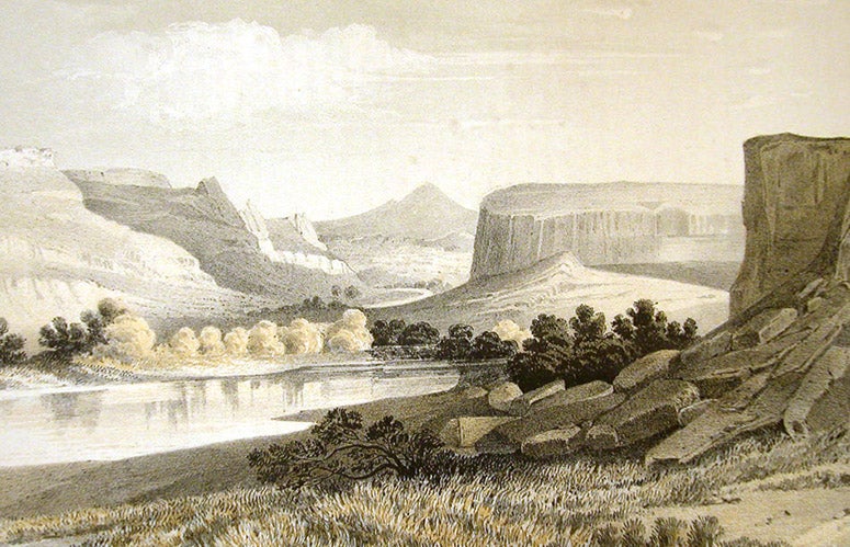 View of the Grand River (later Gunnison River), after a sketch by Richard Kern, lithograph in Report of Explorations for a Route for the Pacific Railroad near the 38th and 39th Parallels, by Edward Beckwith, 1855 (Linda Hall Library)