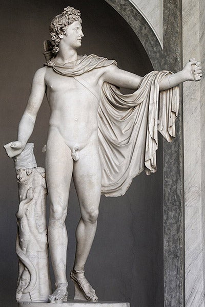 Apollo Belvedere, marble sculpture, 2nd c. CE Roman copy of a Greek bronze, acquired by Giuliano delle Rovere before he became Pope; added to the Belvedere collection, 1511, now in Pio-Clementino Museum, Rome, part of the Vatican Museums (Wikimedia commons)