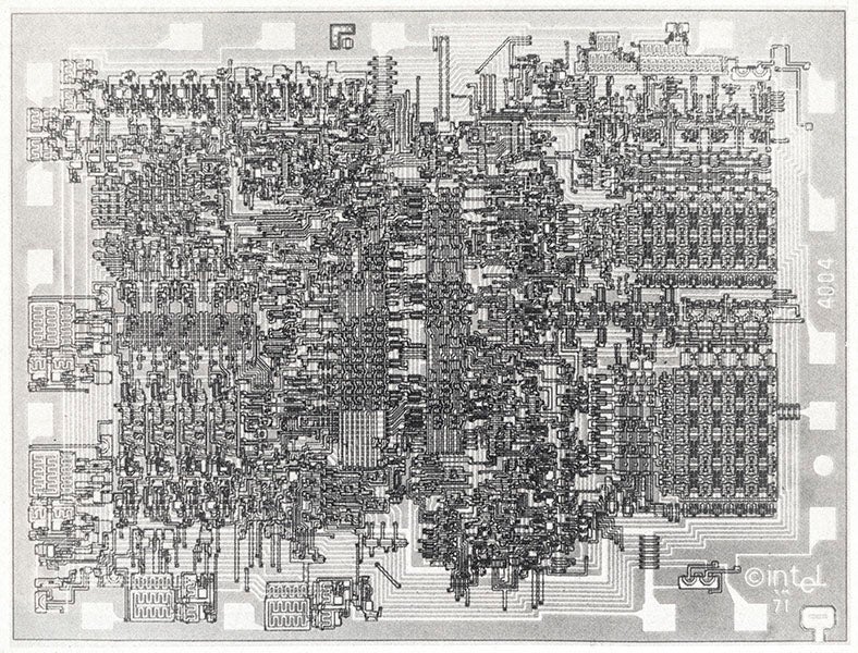 Photograph of the Intel 4004 microprocessor, introduced to the public in 1971 (IEEE Computer Society)