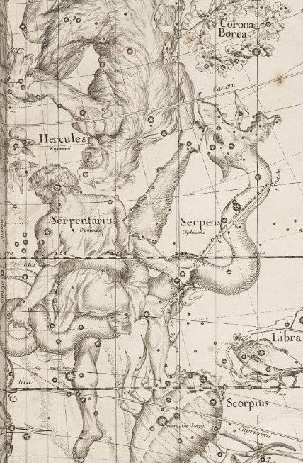 Serpentarius [Ophiuchus] and Hercules. Image source: Image source: Pardies, Ignace Gaston. Globi coelestis. Paris, 1674. 
