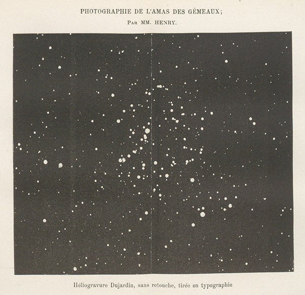 Photograph of part of the constellation Gemini, taken by the Henry brothers, in La photographie astronomique a l'Observatoire de Paris et la Carte du Ciel, by Ernest Mouchez, 1887 (Linda Hall Library)