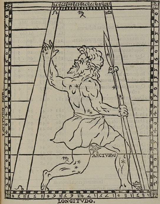Bootes the Herdsman constellation chart. Image source: Gallucci, Giovanni Paolo. Theatrum mundi. Venice: apud Ioannem Baptistam Somascum, 1588, p. 281.